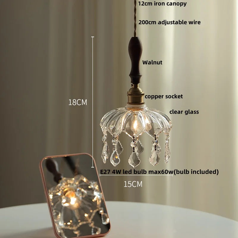 Decorative pendant light with measurements and details on a neutral background
