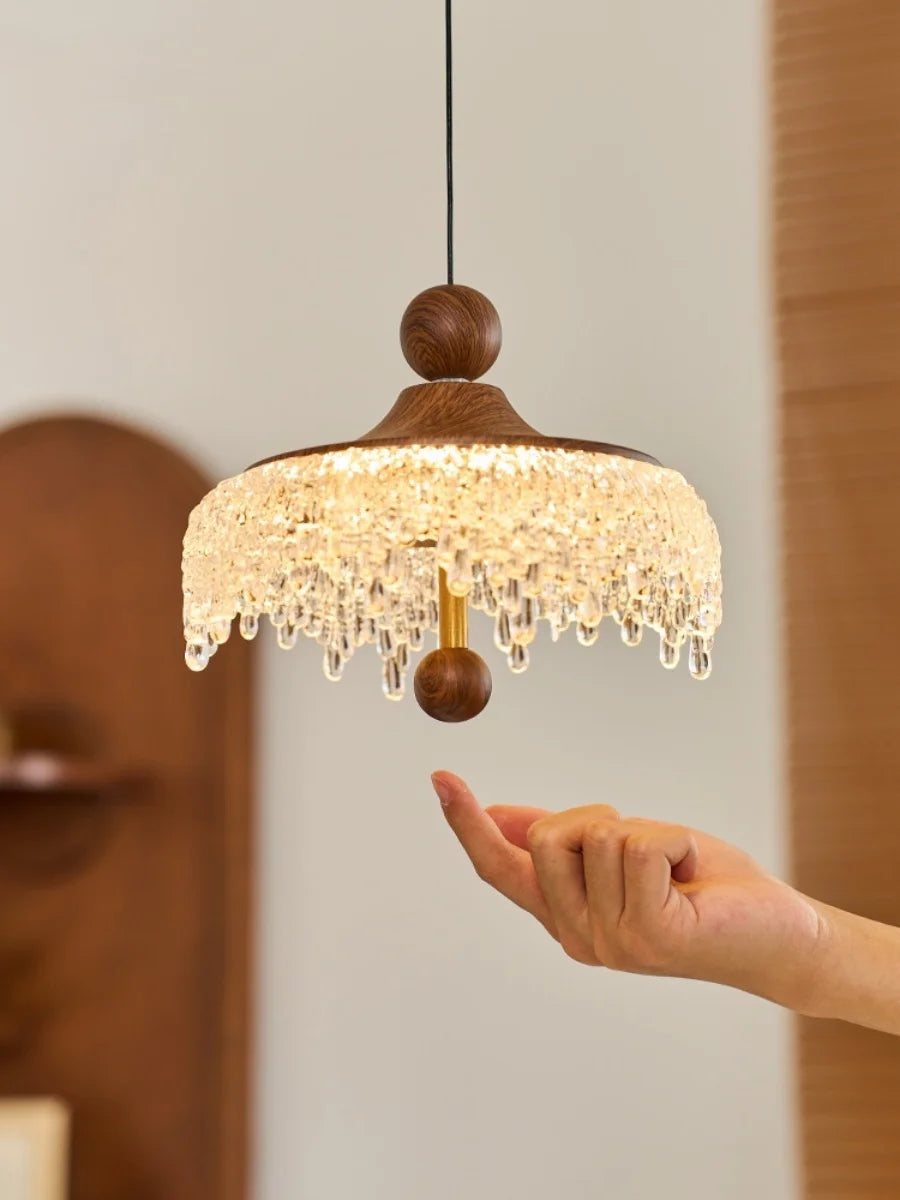 Hand holding a decorative pendant light with crystal details against a neutral background