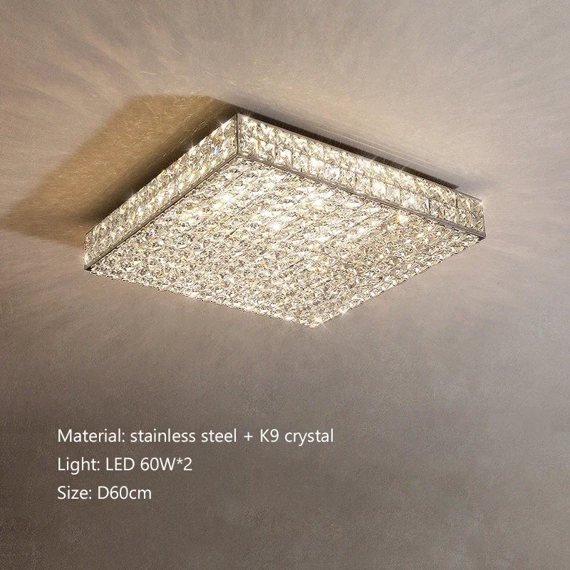 Square ceiling light fixture with crystal details on a neutral background