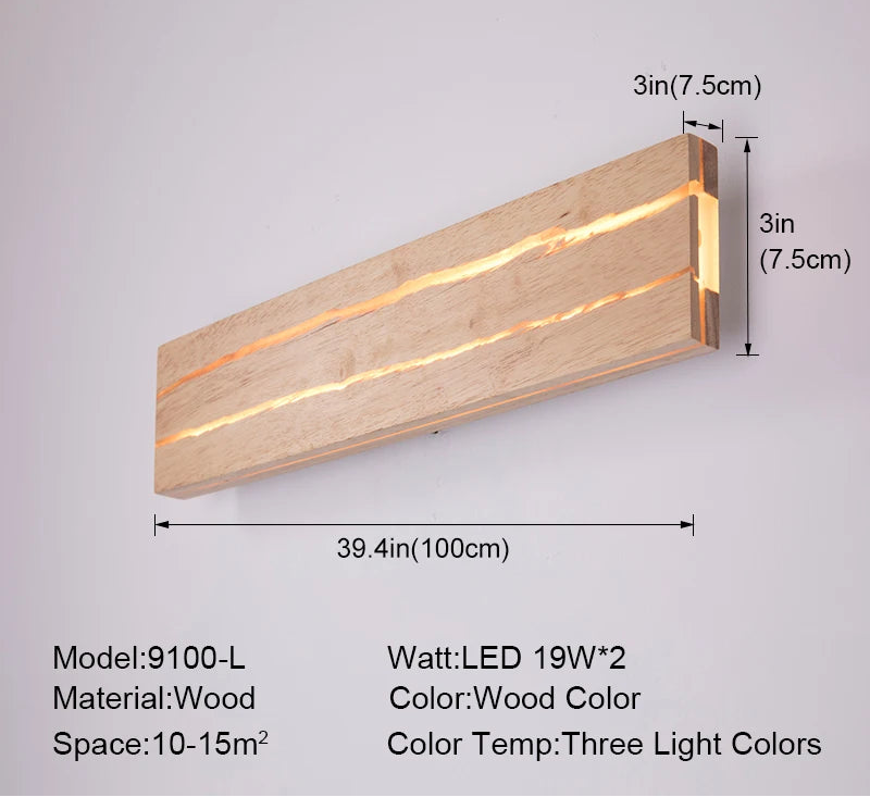 Wooden wall light fixture with dimensions and specifications on a gray background