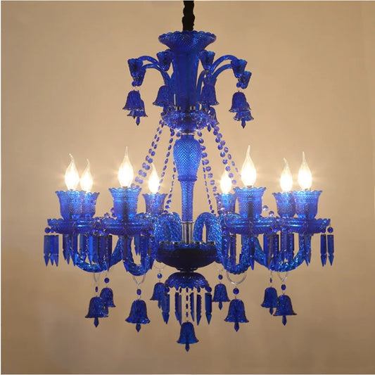 Blue crystal tiered candelabra chandelier with illuminated candle-style bulbs and hanging elements.