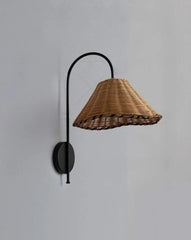 Rattan Cone Shade Wall Sconce with Black Metal Arm Natural Light