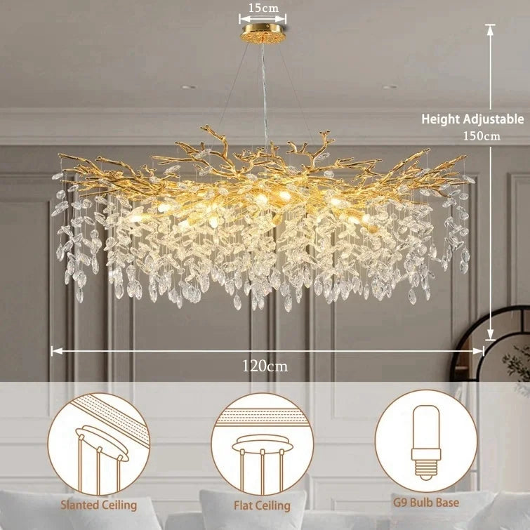 Chandelier with measurements and installation instructions on a neutral background