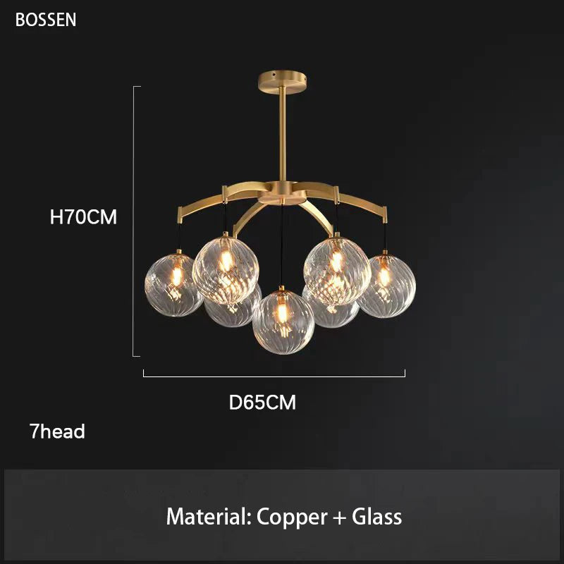 Chandelier with clear glass bulbs and copper frame on a black background, featuring dimensions and material details.