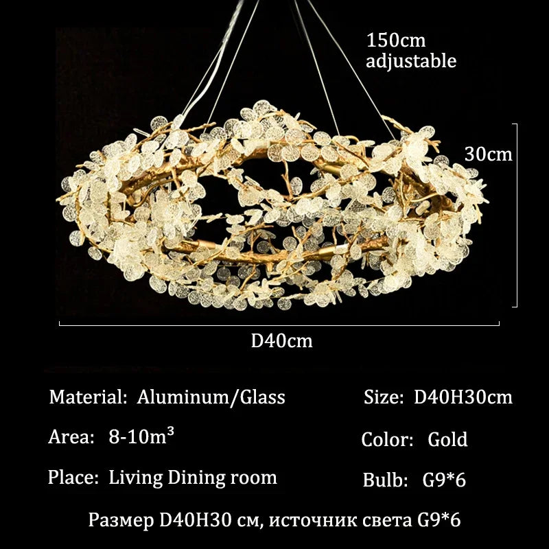 Chandelier with dimensions and specifications on a black background