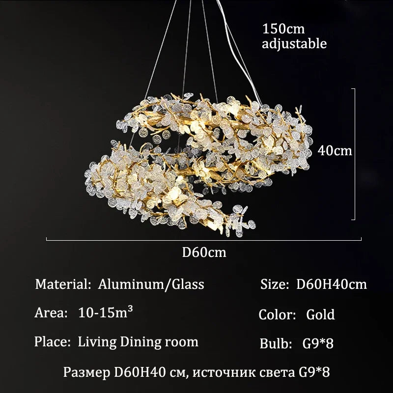 Chandelier with dimensions and material details on a black background