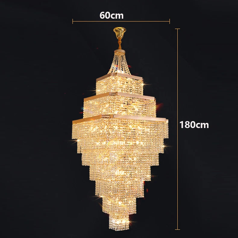 Gold chandelier with dimensions indicated on a black background