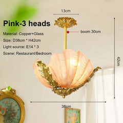 Gold Leaf Seashell Pendant Light with Fluted Pink Frosted Glass Shade