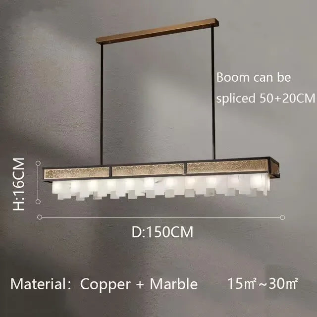 Rectangular pendant light with dimensions and material details on a gray background