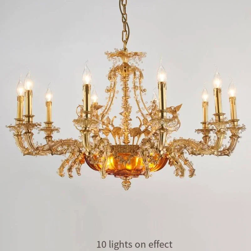 Gold chandelier with 10 lights on a gray background