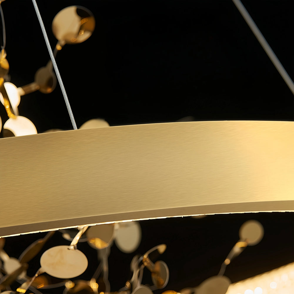 Close-up of a metallic strip with blurred decorative lights in the background