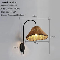 Rattan Cone Shade Wall Sconce with Black Metal Arm Natural Light