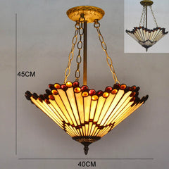 Tiffany-style fan pendant light with dimensions 45cm height and 40cm width, shown against a neutral background with a smaller inset image.