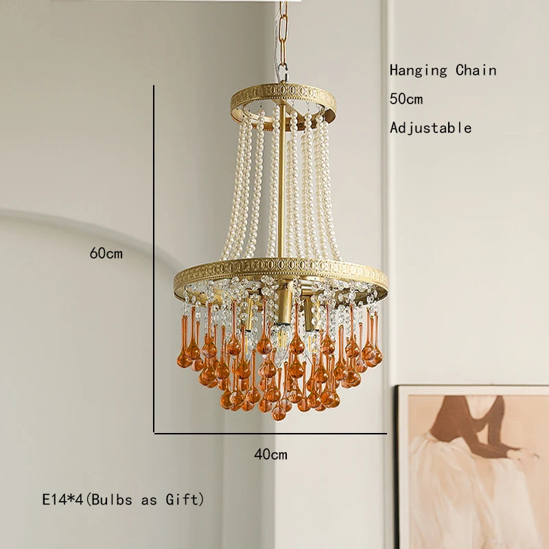 Chandelier with measurements and bulb information on a neutral background