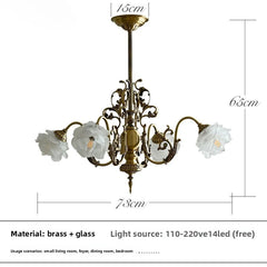 Brass Floral Chandelier with Rose Buds and Frosted Glass Bell Shades