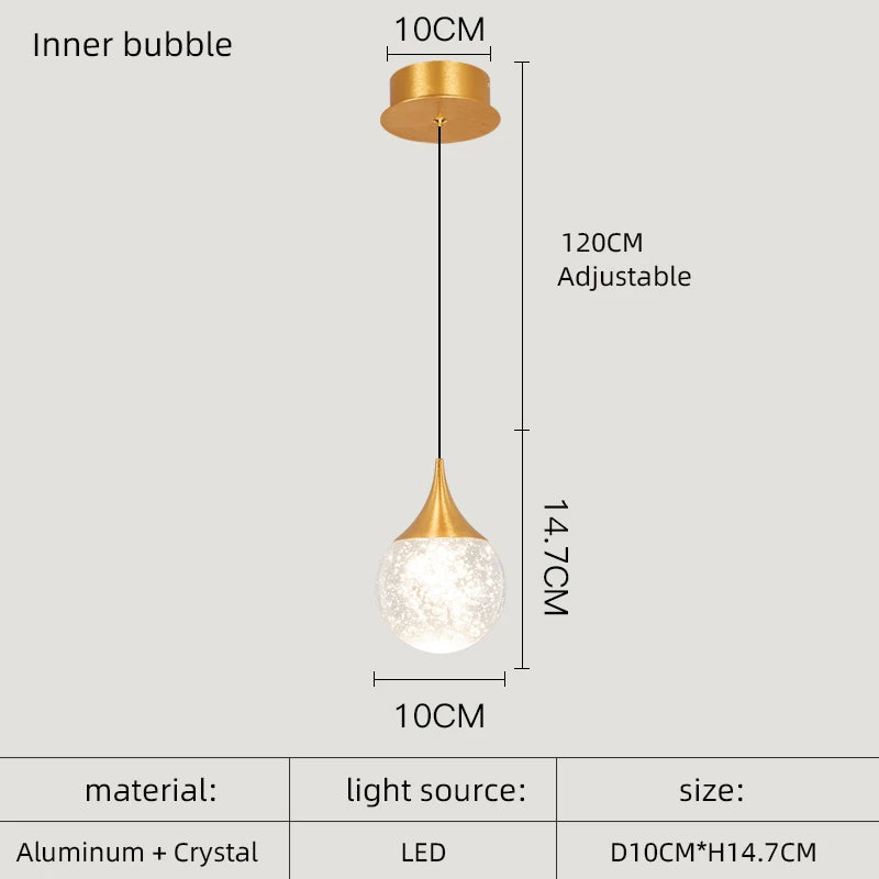 Pendant light with dimensions and material details on a white background