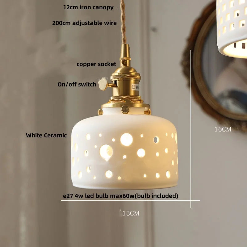 Pendant light with white ceramic shade and gold fixture, showing measurements and features.
