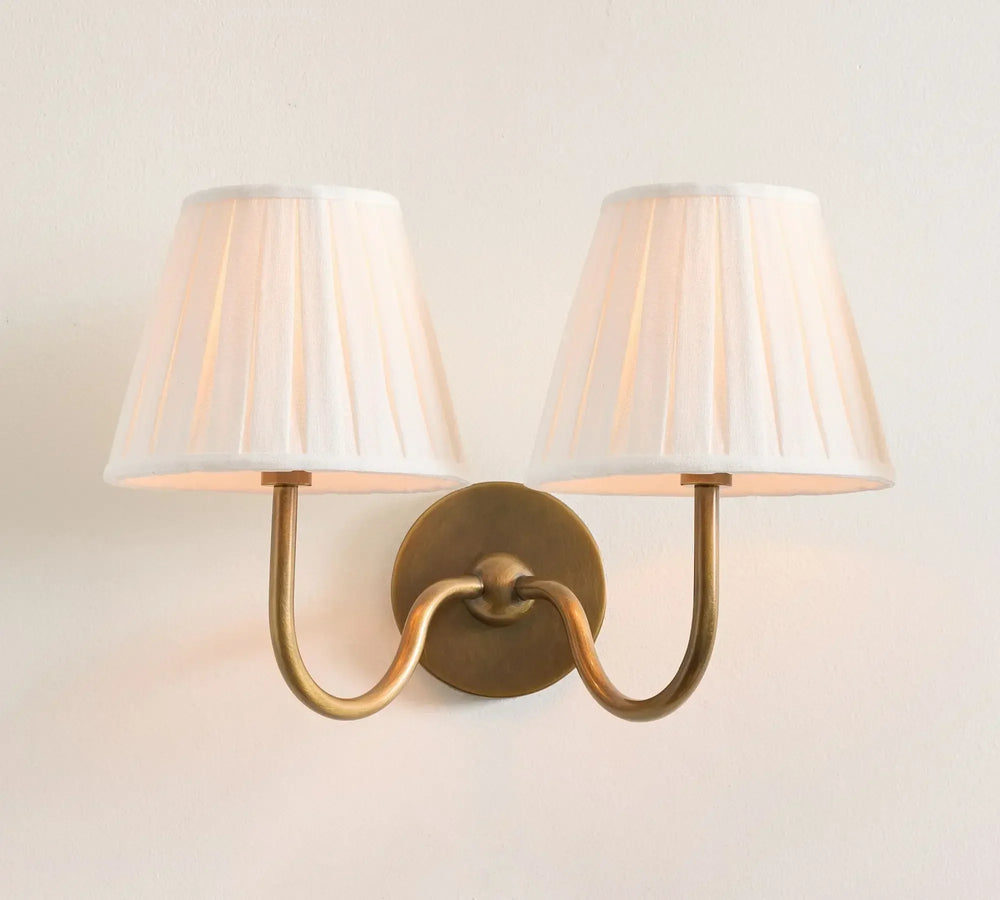 Double wall sconce with white lampshades on a light beige wall
