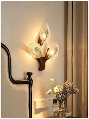 Gold Metal Leaf Wall Sconce with Frosted Glass Bell Shade Lighting