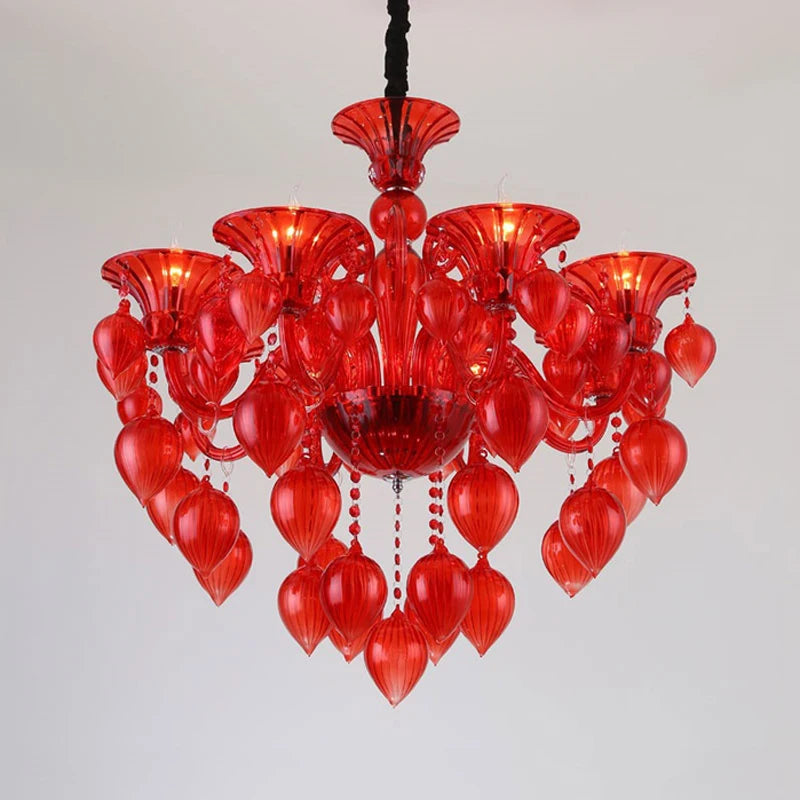 Red lotus leaf bud shaped crystal chandelier with multiple tiers and teardrop accents