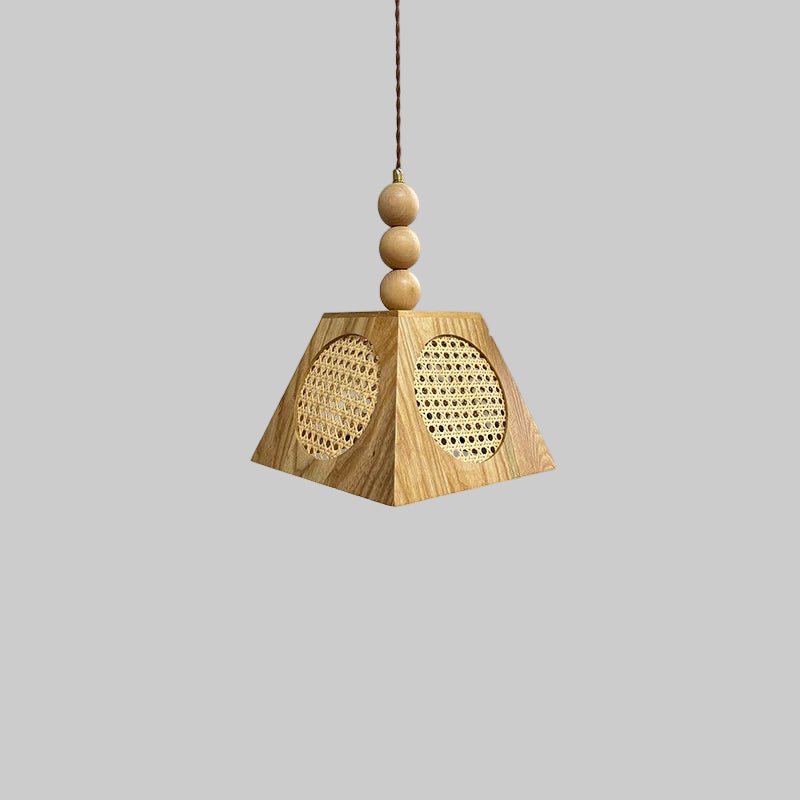 Wooden pendant light with dimensions and specifications on a beige background