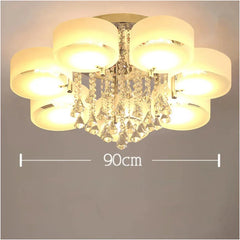 A crystal waterfall pendant light with a chrome finish, showing a measurement of 90cm across its widest point.
