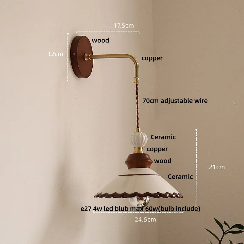 Wall-mounted lamp with measurements and material details on a beige background