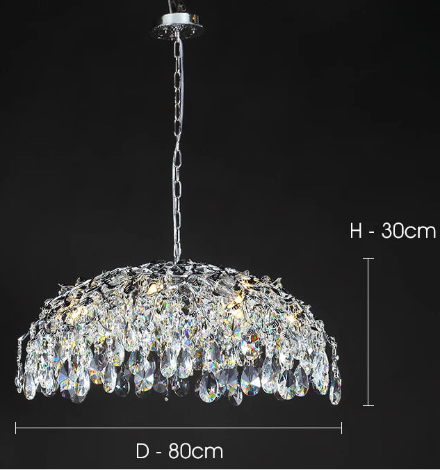 Crystal chandelier with dimensions on a black background