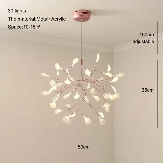 Chandelier with 30 lights, material listed as metal and acrylic, dimensions shown on a white wall.