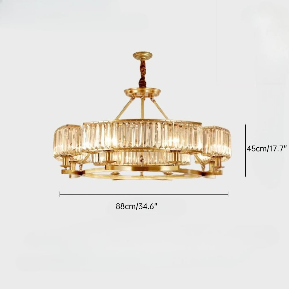 Gold chandelier with dimensions on a white background