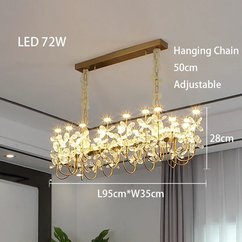 Chandelier with LED 72W label, hanging chain dimensions, and measurements in a room setting.