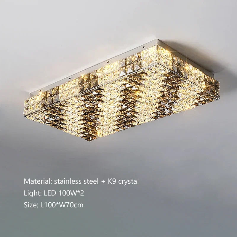 Square ceiling light fixture with crystal design on a gray background