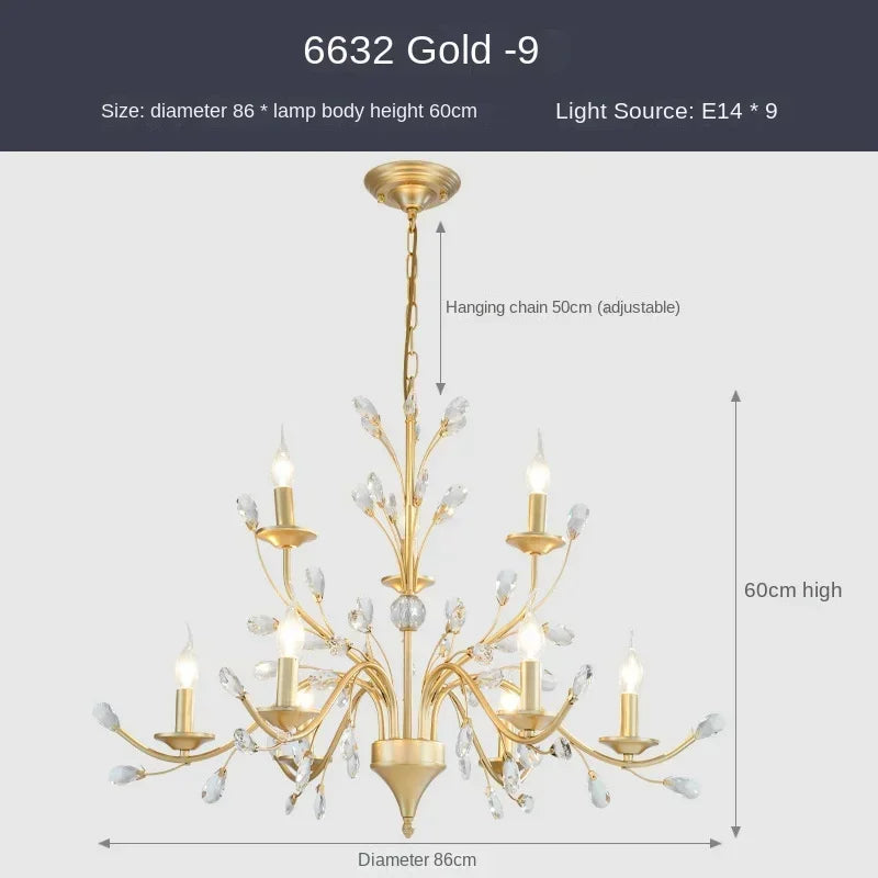 Gold chandelier with dimensions and light source details on a white background
