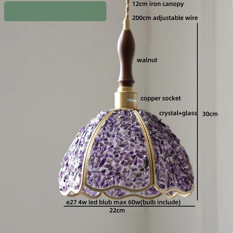 Purple pendant light with measurements and details on a gray background