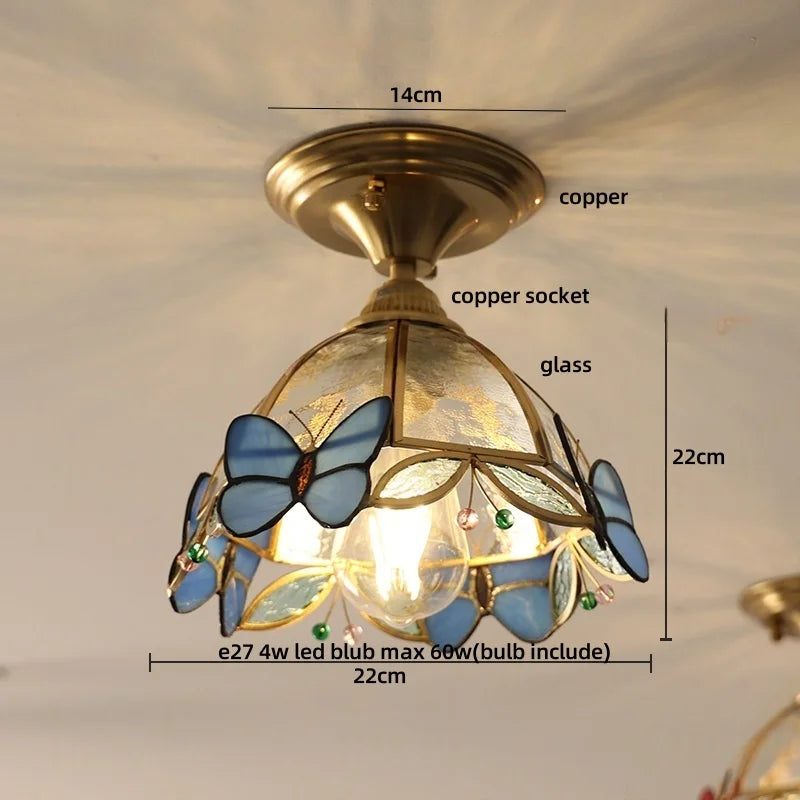 Ceiling light fixture with butterfly design, labeled parts, and measurements.