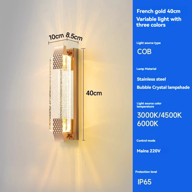 Wall-mounted light fixture with dimensions and technical specifications on a blue background