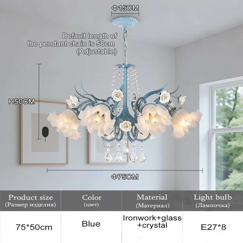 Blue chandelier with floral design in a room setting, showing product details.