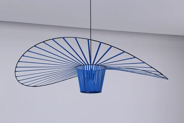 Blue pendant light with a modern design on a plain background