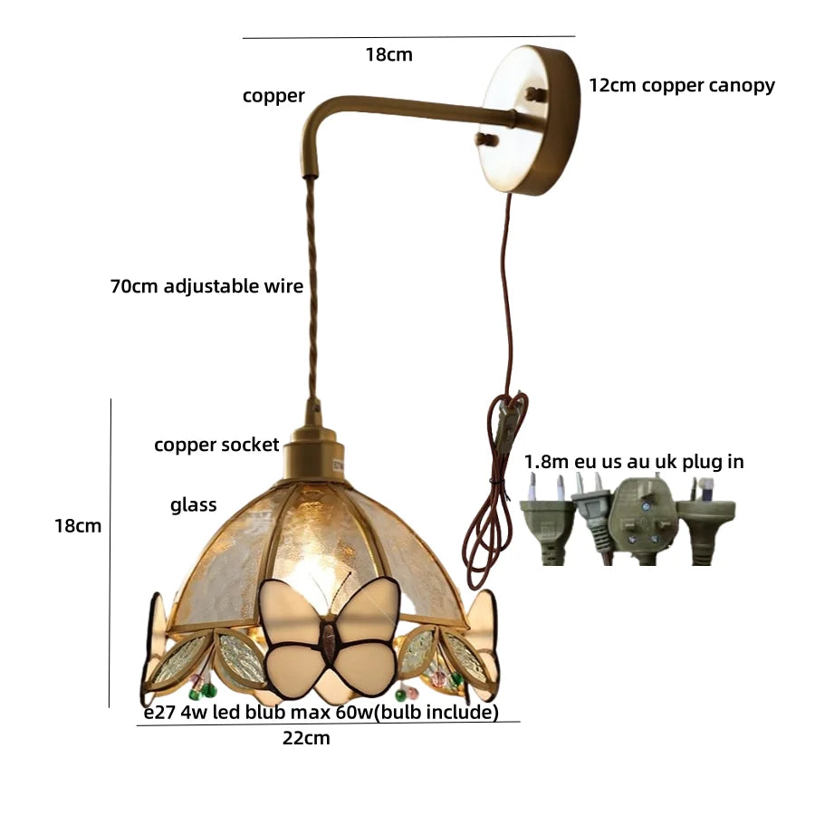 Butterfly-themed pendant light with measurements on a white background
