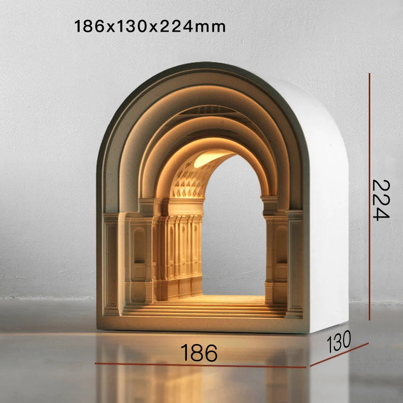Architectural model with interior lighting, shown with dimensions on a plain background