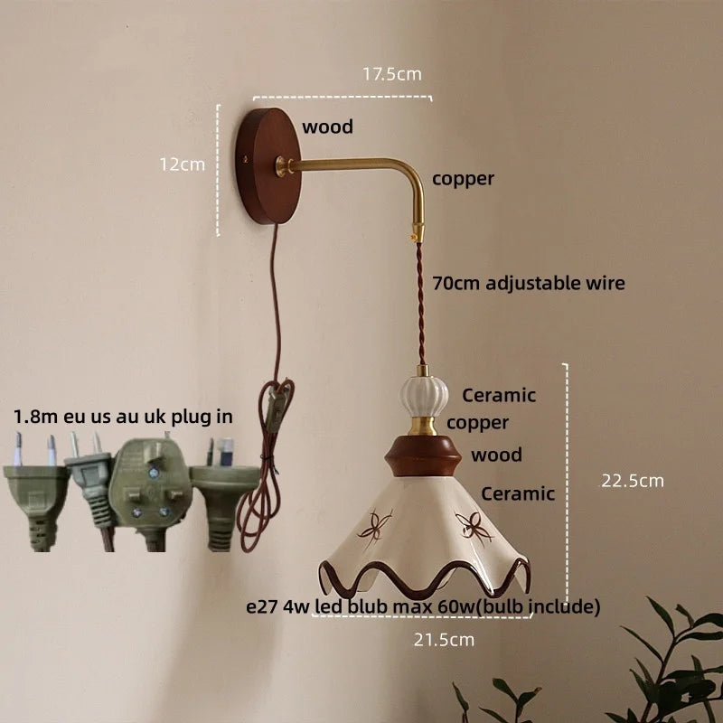 Wall-mounted lamp with dimensions and material details on a beige background