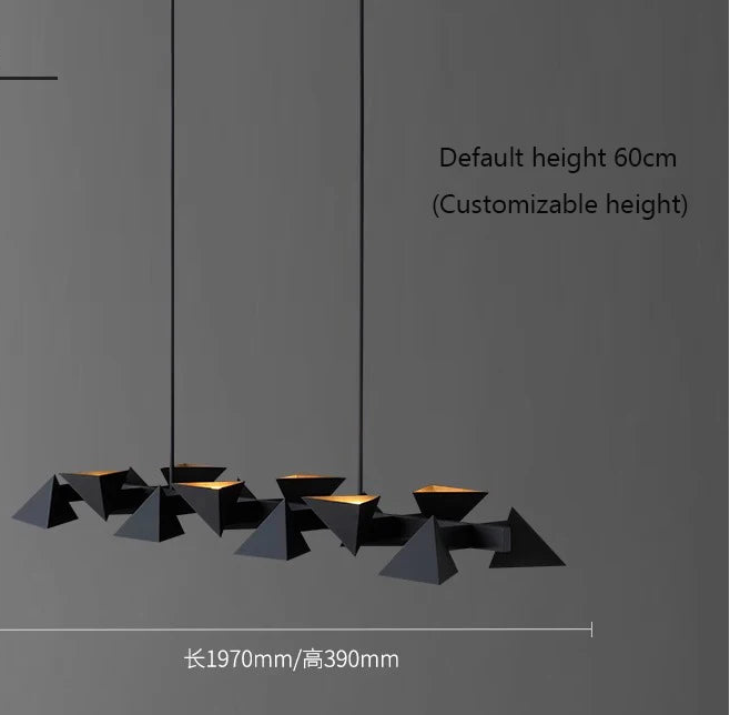 Modern black pendant light with geometric design on a gray background