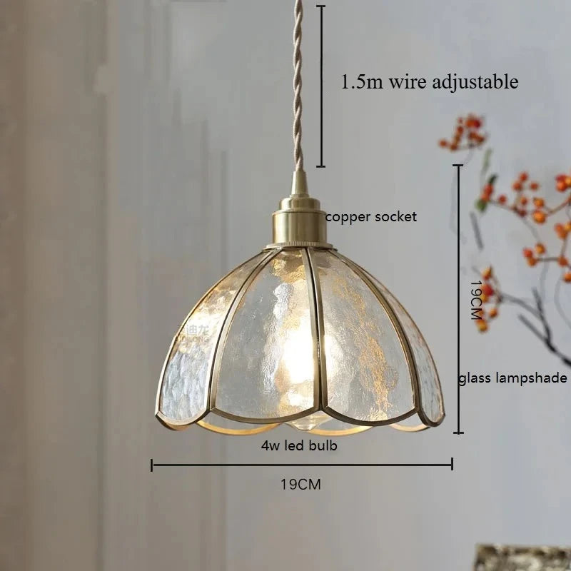 Pendant light with measurements and details on a neutral background