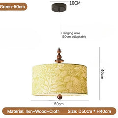 Floral Fabric Drum Pendant Light with Wood Accents