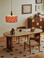 Floral Fabric Drum Pendant Light with Wood Accents
