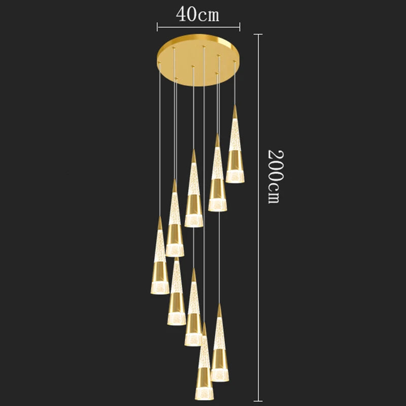 Gold pendant light fixture with dimensions on a black background