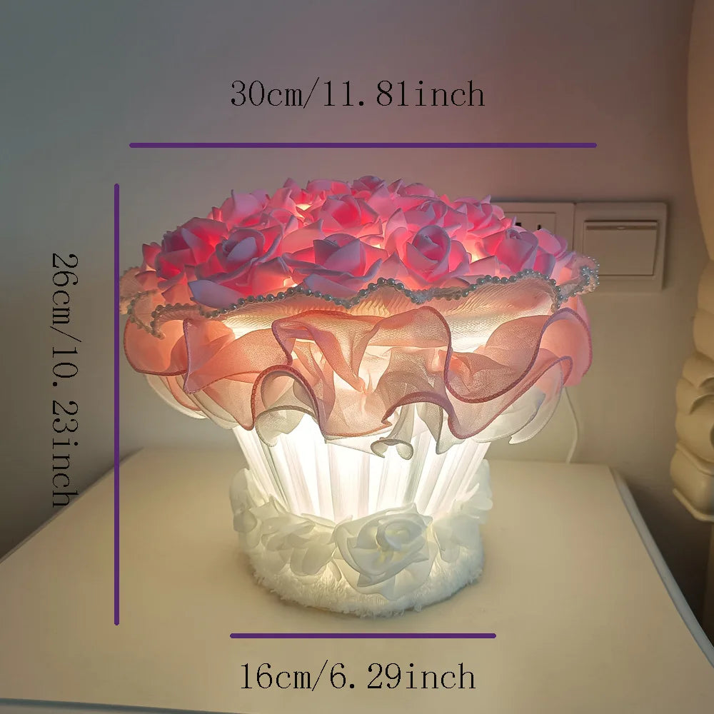 Decorative lamp with floral design and measurements on a neutral background