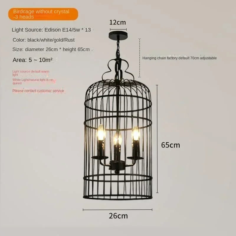 Black metal birdcage-style chandelier with dimensions on a gray background