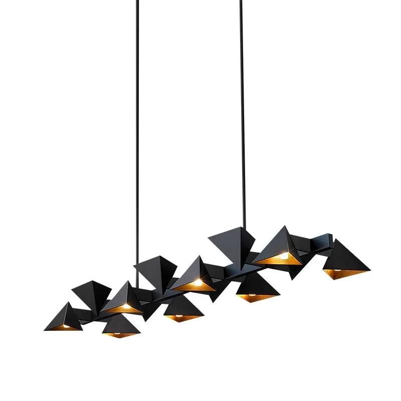 Modern black pendant light with geometric design on a white background