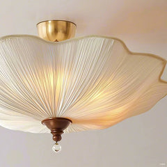 White Fabric Lotus Semi-Flush Ceiling Light Polished Gold